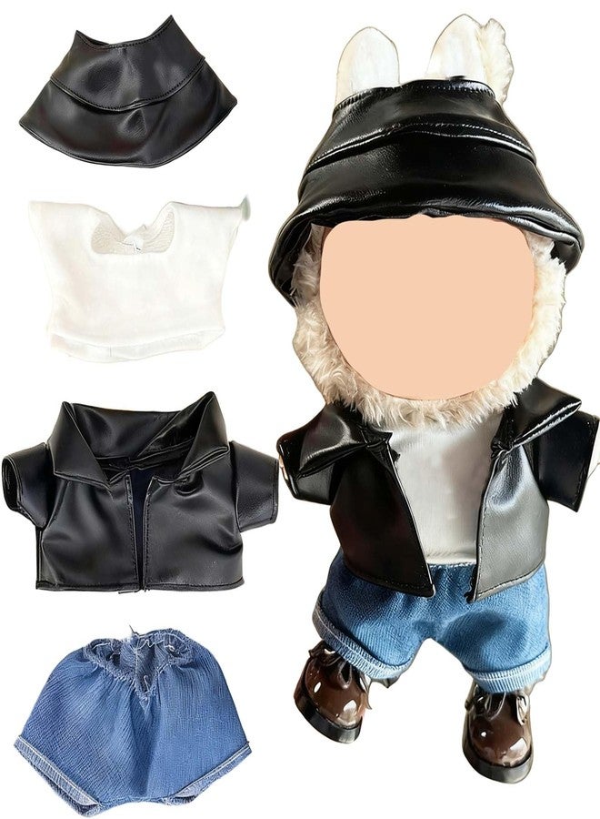 SHUOXUKE Black Leather Jacket Outfit for 17cm Dolls, Cute 4-Piece Designer Set with Straw Hat, T-Shirt & Pants, Clothes for Collectible Figures - Image 1